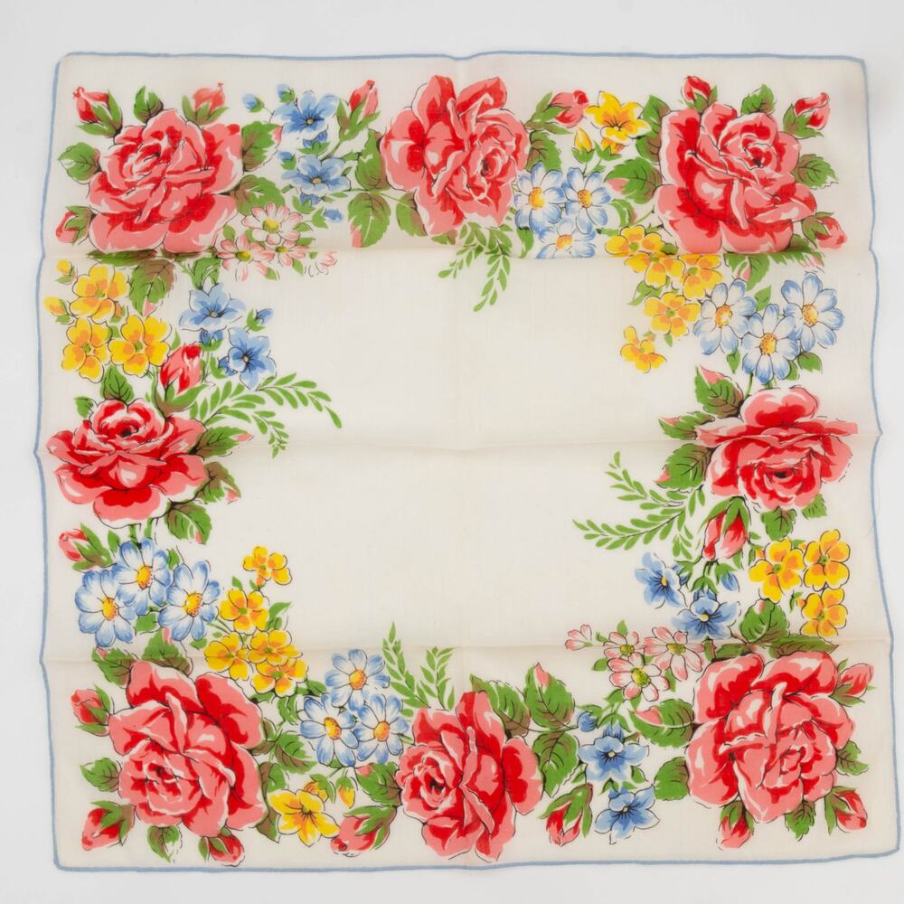 Vintage 1950s Handkerchief Cottagecore Pink Roses Blue Yellow Floral Hanky